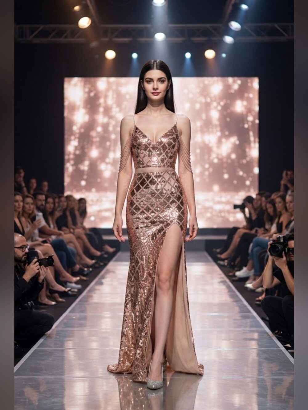 Gold Sequin Split Evening Dress with Sheer Straps CUSTOM MADE